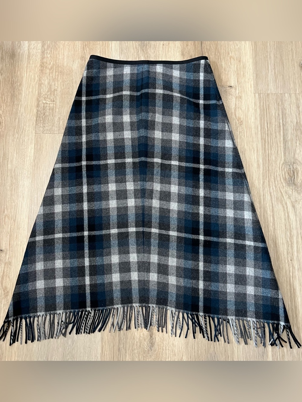 J Crew Wool blend plaid tartan midi skirt with fringe size 8 blue and grey